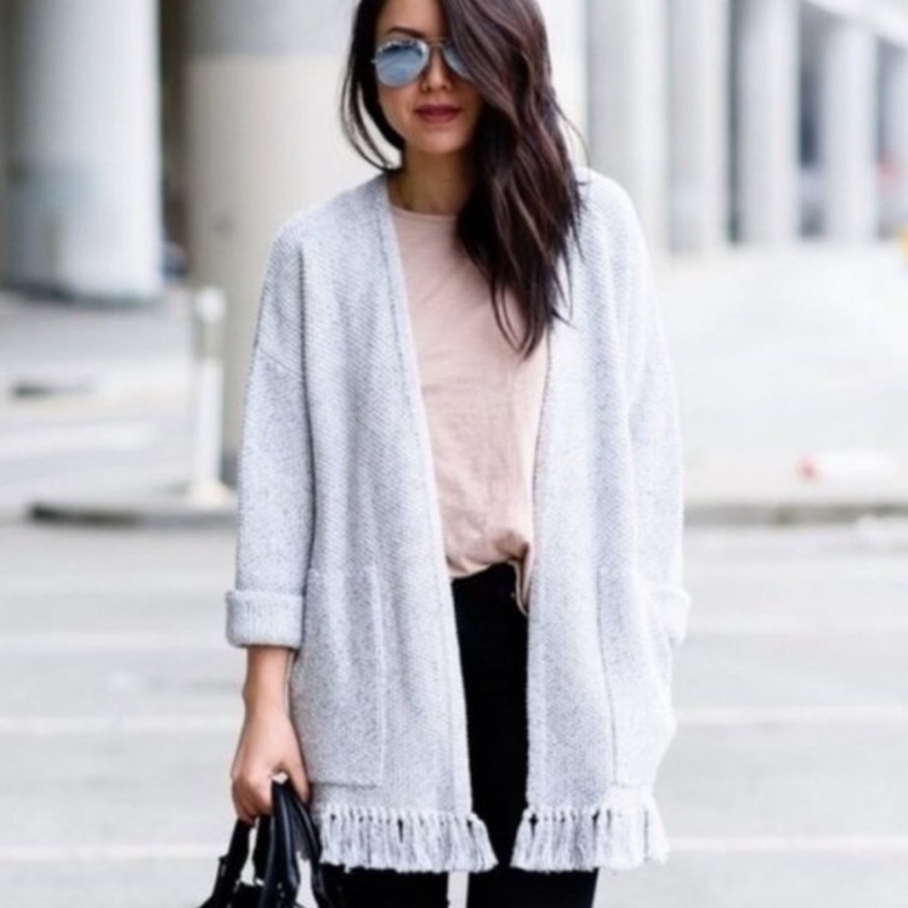 MADEWELL Marled Chunky Knit Fringe Open Front Memento Cardigan Sweater NEW